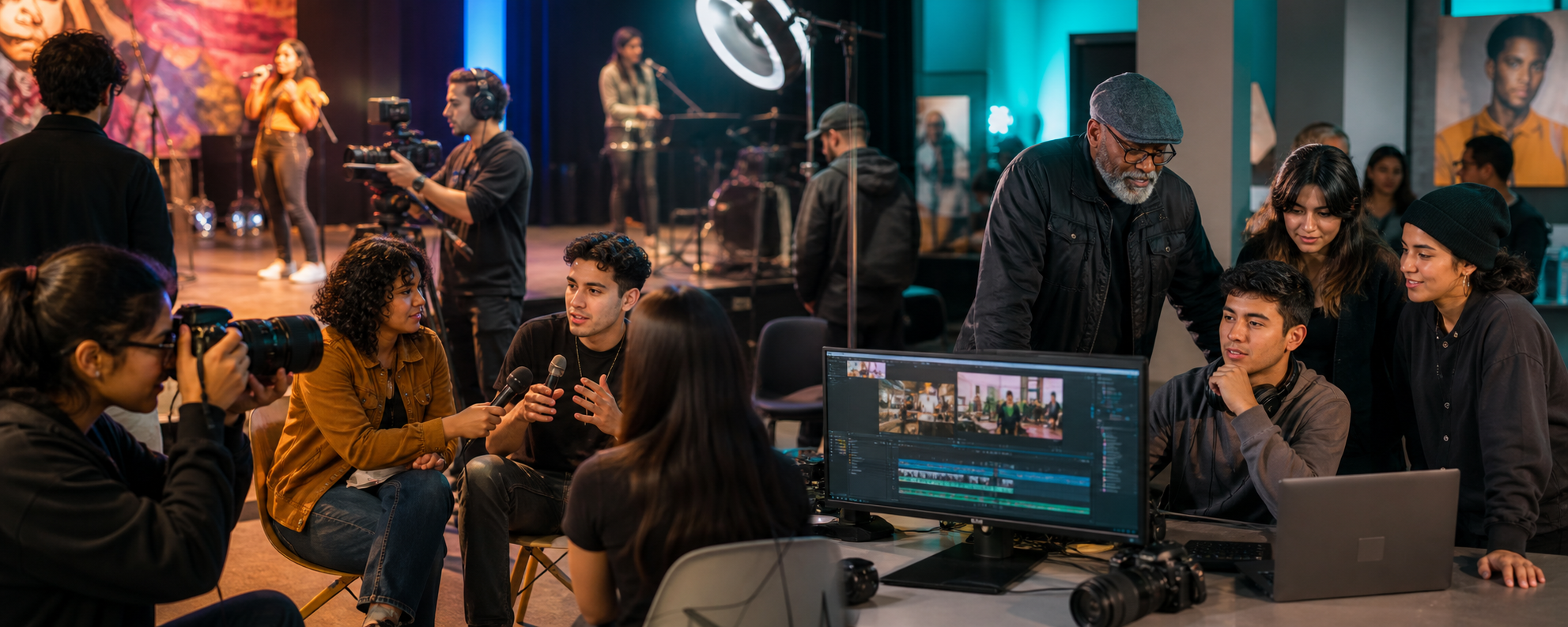 4Kreators participants learning photography, videography, interviewing, editing, and live event production with a creative mentor